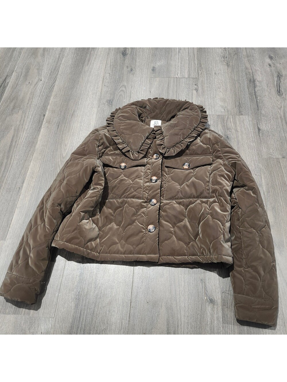 dRA Los Angeles Quilted Brown Velvet Jacket with Ruffled Collar Size S